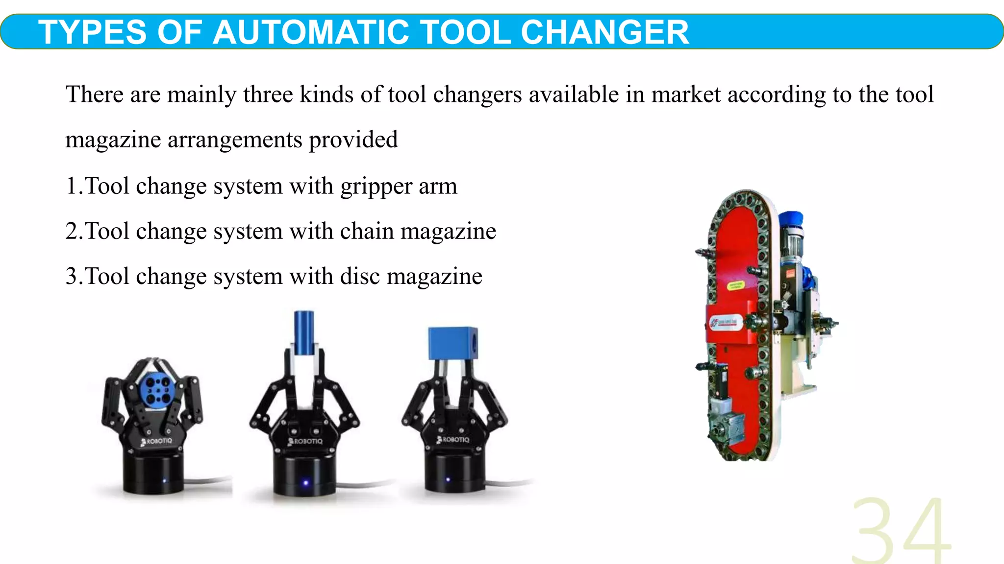 1.Tool change system with gripper arm
2.Tool change system with chain magazine
3.Tool change system with disc magazine
TYPES OF AUTOMATIC TOOL CHANGER
There are mainly three kinds of tool changers available in market according to the tool
magazine arrangements provided
 