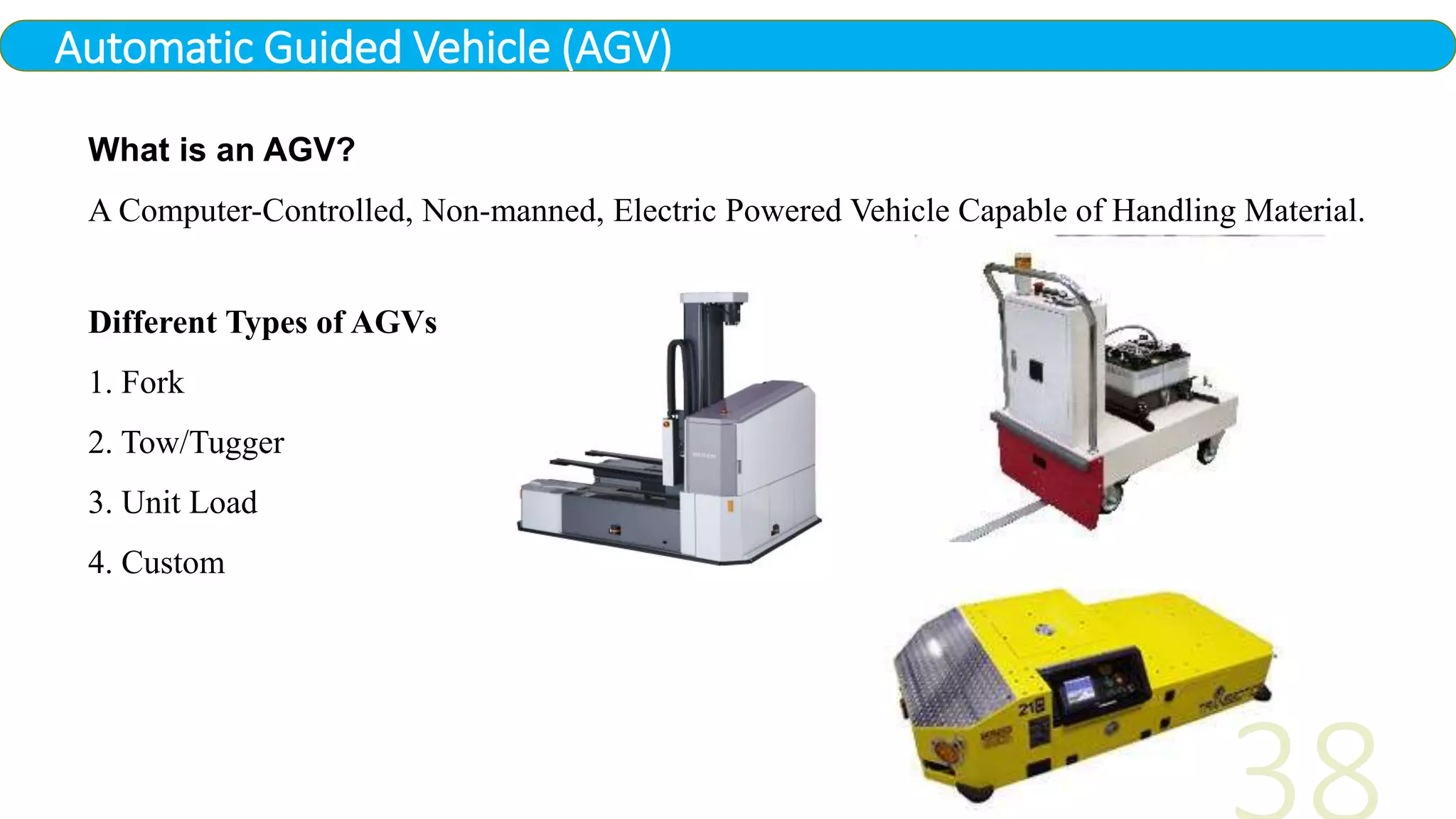 Automatic Guided Vehicle (AGV)
What is an AGV?
A Computer-Controlled, Non-manned, Electric Powered Vehicle Capable of Handling Material.
Different Types of AGVs
1. Fork
2. Tow/Tugger
3. Unit Load
4. Custom
 