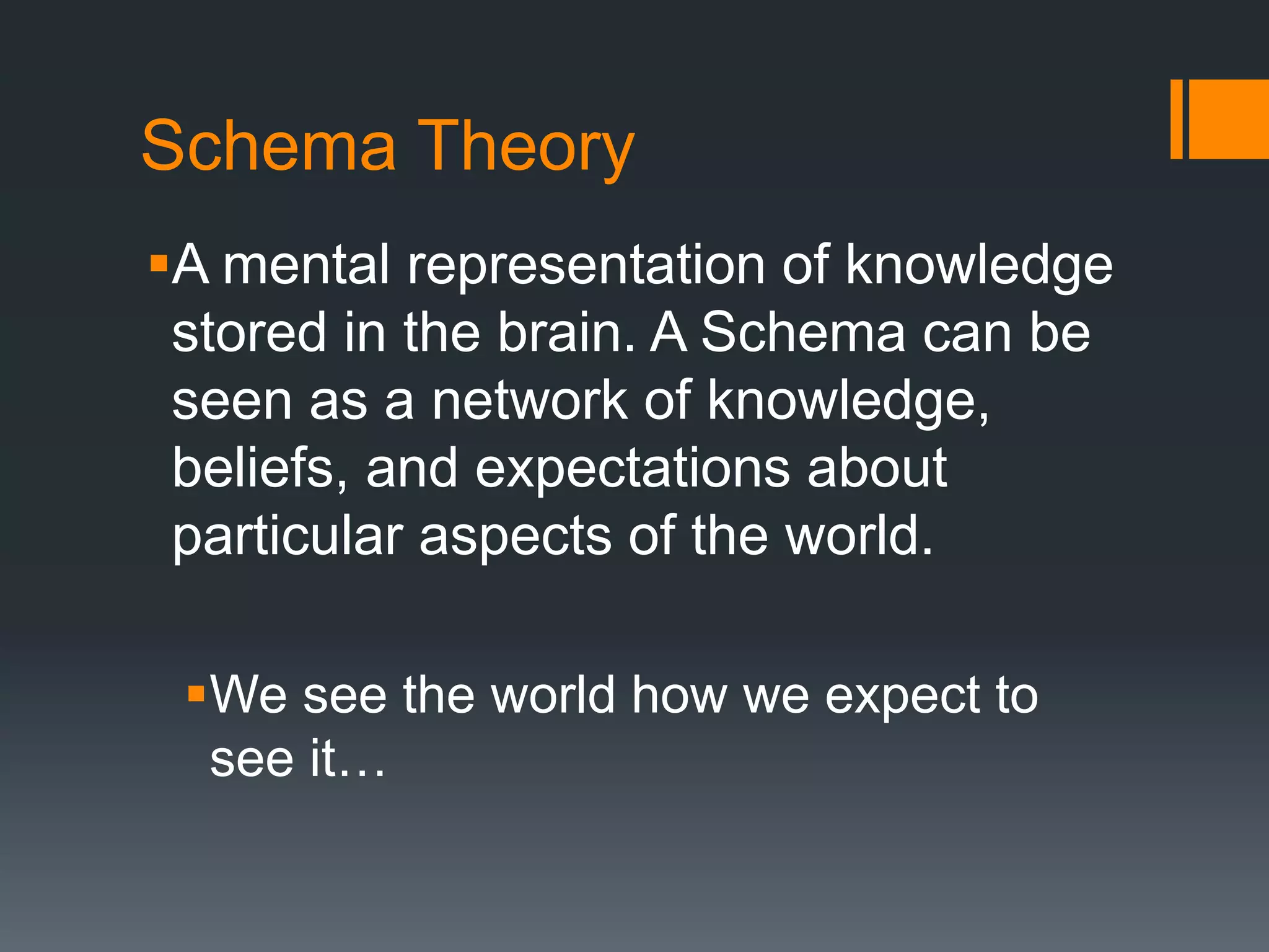 Schema Theory
A mental representation of knowledge
stored in the brain. A Schema can be
seen as a network of knowledge,
beliefs, and expectations about
particular aspects of the world.
We see the world how we expect to
see it…
 