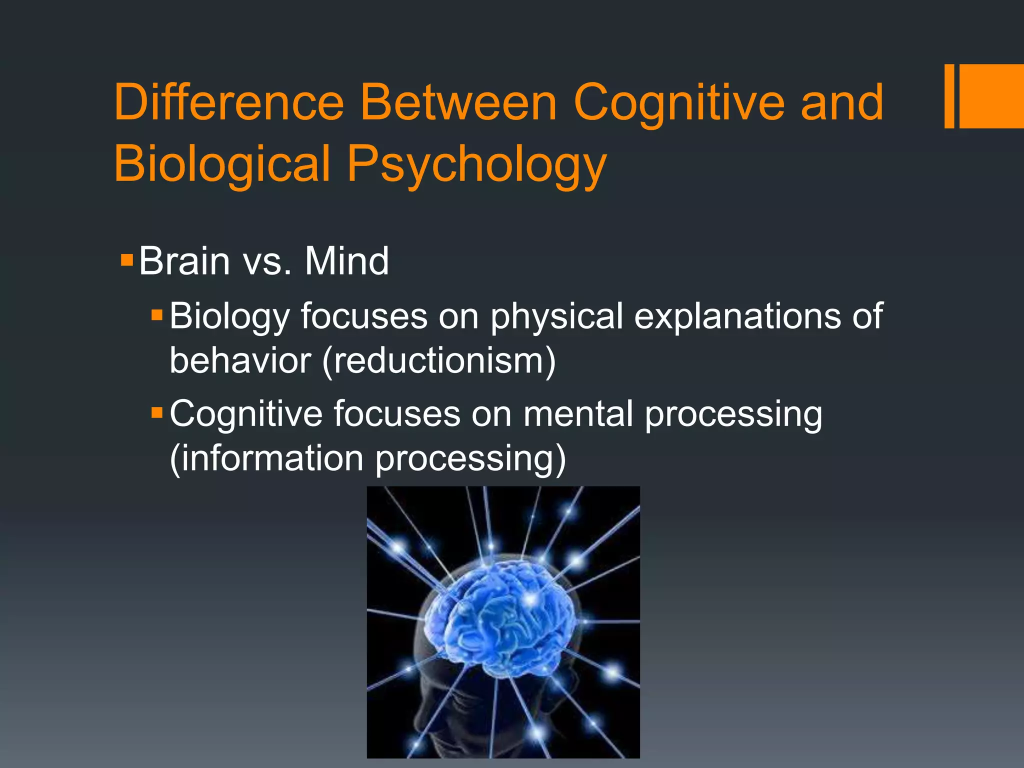 Difference Between Cognitive and
Biological Psychology
Brain vs. Mind
Biology focuses on physical explanations of
behavior (reductionism)
Cognitive focuses on mental processing
(information processing)
 