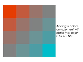 Adding a color’s
complement will
make that color
LESS INTENSE.
 