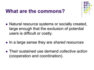 The Commons: Governance and Collective Action