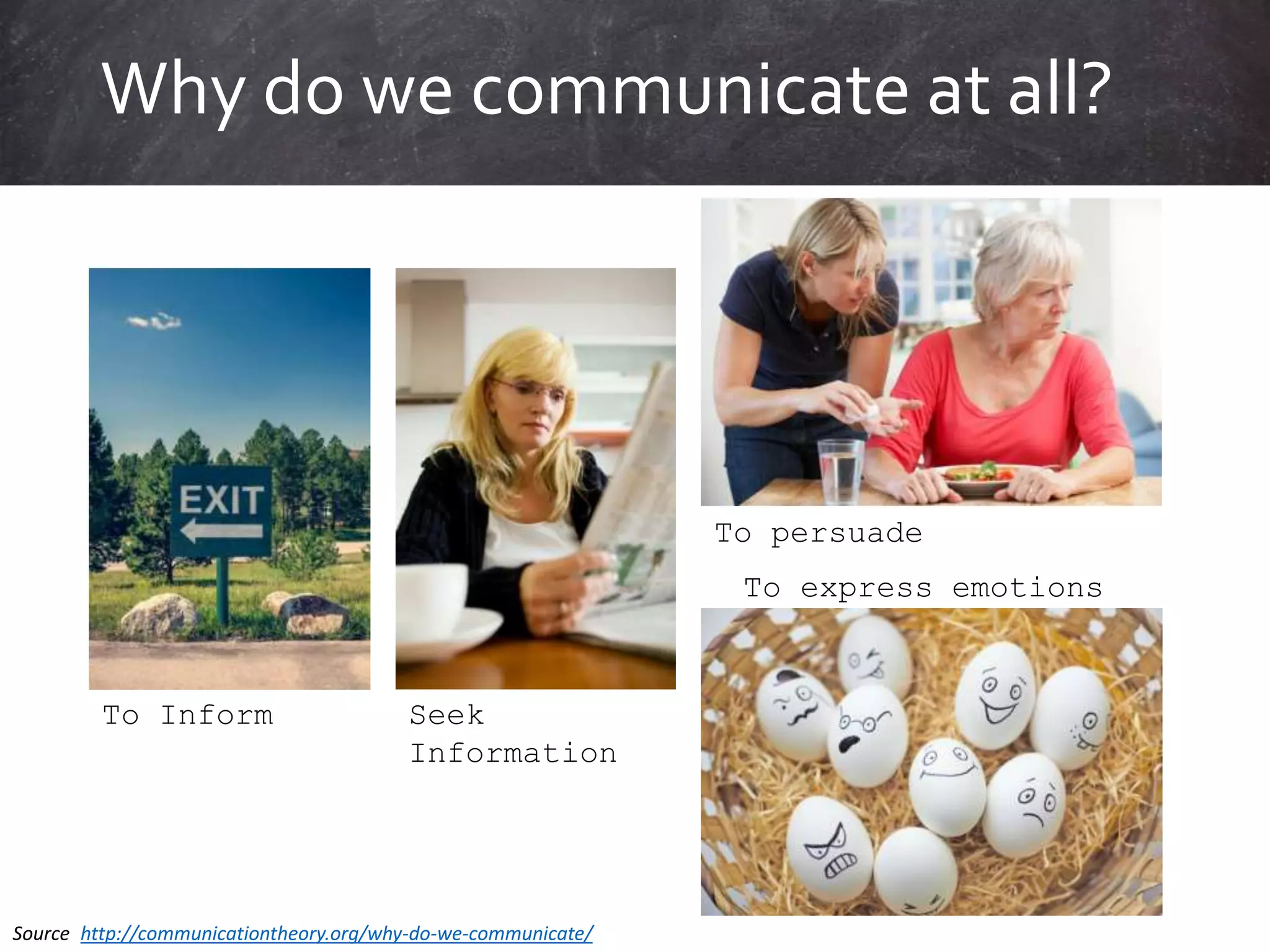 Why do we communicate at all?
To Inform Seek
Information
To persuade
To express emotions
Source: http://communicationtheory.org/why-do-we-communicate/
 