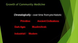 Growth of Community Medicine
Chronologically – over time frompre-historic
Primitive AncientCivilizations
DarkAges Muslim/Arab
Industrial/ Modern
 