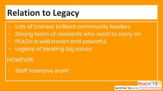 - Lots of trained, brilliant community leaders
- Strong team of residents who want to carry on
- PEACH is well known and powerful
- Legacy of tackling big issues
HOWEVER:
- Staff intensive work!
Relation to Legacy
 