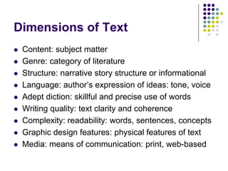 Dimensions of Text
 Content: subject matter
 Genre: category of literature
 Structure: narrative story structure or informational
 Language: author’s expression of ideas: tone, voice
 Adept diction: skillful and precise use of words
 Writing quality: text clarity and coherence
 Complexity: readability: words, sentences, concepts
 Graphic design features: physical features of text
 Media: means of communication: print, web-based
 