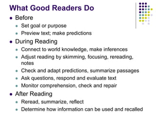 What Good Readers Do
 Before
   Set goal or purpose
   Preview text; make predictions
 During Reading
   Connect to world knowledge, make inferences
   Adjust reading by skimming, focusing, rereading,
   notes
   Check and adapt predictions, summarize passages
   Ask questions, respond and evaluate text
   Monitor comprehension, check and repair
 After Reading
   Reread, summarize, reflect
   Determine how information can be used and recalled
 