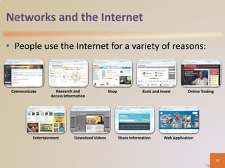 Networks and the Internet
• People use the Internet for a variety of reasons:
Communicate Research and
Access Information
Shop Bank and Invest Online Trading
Entertainment Download Videos Share Information Web Application
10
 