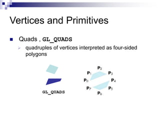Vertices and Primitives
 Quads , GL_QUADS
 quadruples of vertices interpreted as four-sided
polygons
 