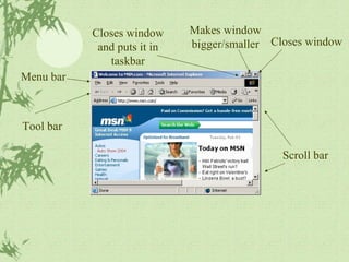 Closes window Scroll bar Makes window bigger/smaller Closes window and puts it in taskbar Tool bar Menu bar 