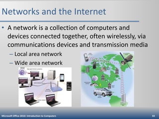 Networks and the Internet
• A network is a collection of computers and
devices connected together, often wirelessly, via
communications devices and transmission media
– Local area network
– Wide area network

Microsoft Office 2010: Introduction to Computers

33

 