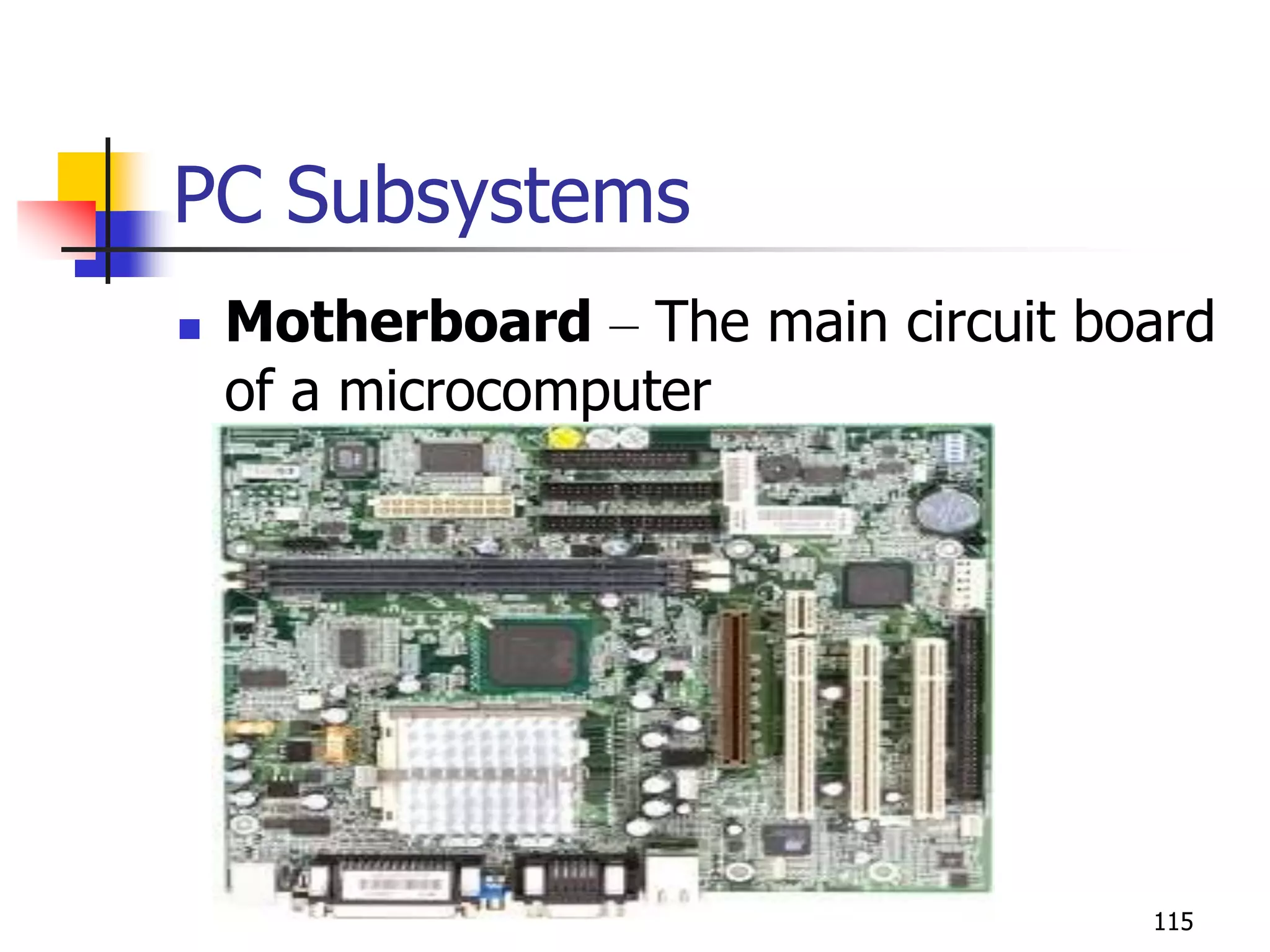 115
PC Subsystems
 Motherboard – The main circuit board
of a microcomputer
 