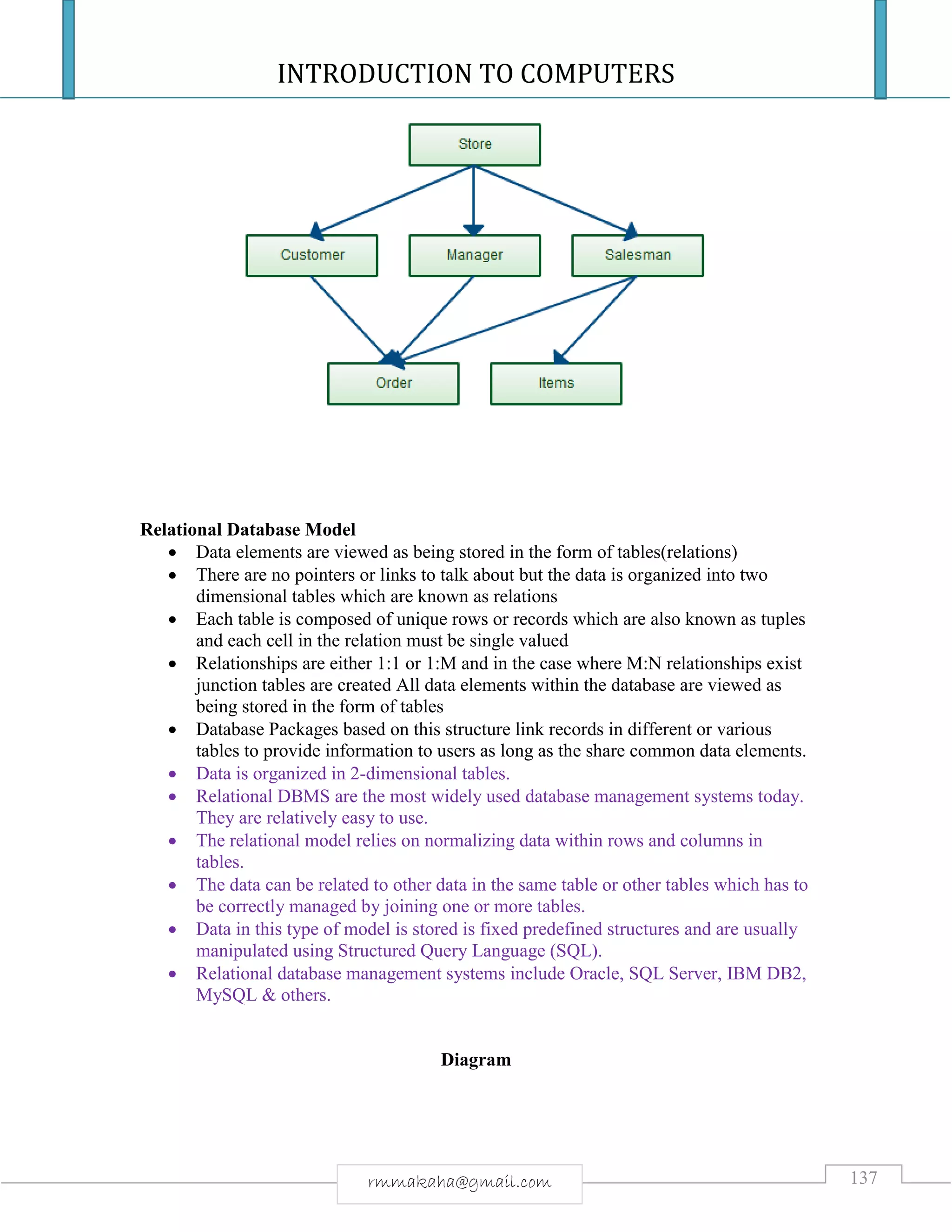 INTRODUCTION TO COMPUTERS
137rmmakaha@gmail.com
Relational Database Model
 Data elements are viewed as being stored in the form of tables(relations)
 There are no pointers or links to talk about but the data is organized into two
dimensional tables which are known as relations
 Each table is composed of unique rows or records which are also known as tuples
and each cell in the relation must be single valued
 Relationships are either 1:1 or 1:M and in the case where M:N relationships exist
junction tables are created All data elements within the database are viewed as
being stored in the form of tables
 Database Packages based on this structure link records in different or various
tables to provide information to users as long as the share common data elements.
 Data is organized in 2-dimensional tables.
 Relational DBMS are the most widely used database management systems today.
They are relatively easy to use.
 The relational model relies on normalizing data within rows and columns in
tables.
 The data can be related to other data in the same table or other tables which has to
be correctly managed by joining one or more tables.
 Data in this type of model is stored is fixed predefined structures and are usually
manipulated using Structured Query Language (SQL).
 Relational database management systems include Oracle, SQL Server, IBM DB2,
MySQL & others.
Diagram
 