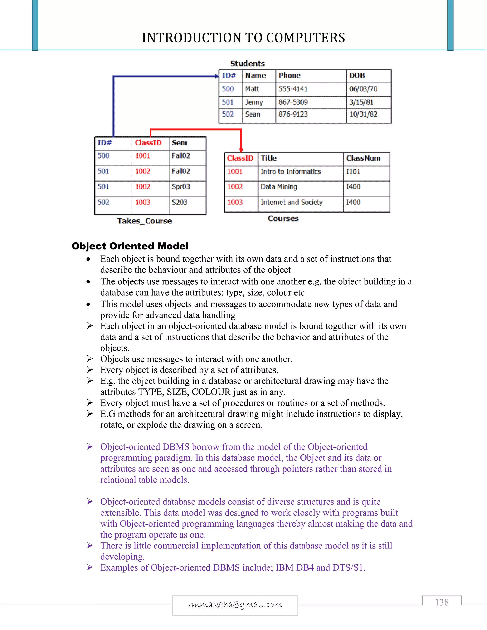 INTRODUCTION TO COMPUTERS
138rmmakaha@gmail.com
Object Oriented Model
 Each object is bound together with its own data and a set of instructions that
describe the behaviour and attributes of the object
 The objects use messages to interact with one another e.g. the object building in a
database can have the attributes: type, size, colour etc
 This model uses objects and messages to accommodate new types of data and
provide for advanced data handling
 Each object in an object-oriented database model is bound together with its own
data and a set of instructions that describe the behavior and attributes of the
objects.
 Objects use messages to interact with one another.
 Every object is described by a set of attributes.
 E.g. the object building in a database or architectural drawing may have the
attributes TYPE, SIZE, COLOUR just as in any.
 Every object must have a set of procedures or routines or a set of methods.
 E.G methods for an architectural drawing might include instructions to display,
rotate, or explode the drawing on a screen.
 Object-oriented DBMS borrow from the model of the Object-oriented
programming paradigm. In this database model, the Object and its data or
attributes are seen as one and accessed through pointers rather than stored in
relational table models.
 Object-oriented database models consist of diverse structures and is quite
extensible. This data model was designed to work closely with programs built
with Object-oriented programming languages thereby almost making the data and
the program operate as one.
 There is little commercial implementation of this database model as it is still
developing.
 Examples of Object-oriented DBMS include; IBM DB4 and DTS/S1.
 