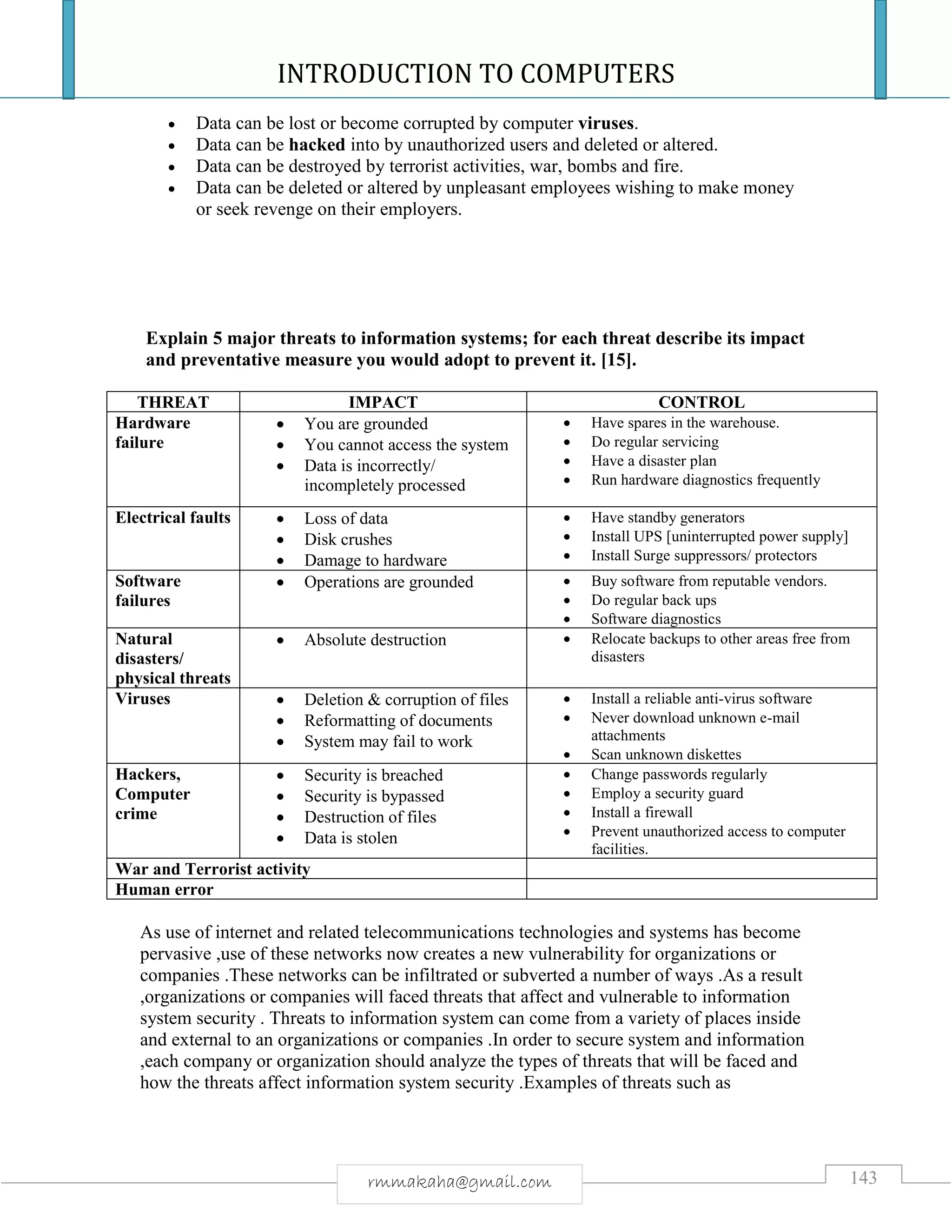 INTRODUCTION TO COMPUTERS
143rmmakaha@gmail.com
 Data can be lost or become corrupted by computer viruses.
 Data can be hacked into by unauthorized users and deleted or altered.
 Data can be destroyed by terrorist activities, war, bombs and fire.
 Data can be deleted or altered by unpleasant employees wishing to make money
or seek revenge on their employers.
Explain 5 major threats to information systems; for each threat describe its impact
and preventative measure you would adopt to prevent it. [15].
THREAT IMPACT CONTROL
Hardware
failure
 You are grounded
 You cannot access the system
 Data is incorrectly/
incompletely processed
 Have spares in the warehouse.
 Do regular servicing
 Have a disaster plan
 Run hardware diagnostics frequently
Electrical faults  Loss of data
 Disk crushes
 Damage to hardware
 Have standby generators
 Install UPS [uninterrupted power supply]
 Install Surge suppressors/ protectors
Software
failures
 Operations are grounded  Buy software from reputable vendors.
 Do regular back ups
 Software diagnostics
Natural
disasters/
physical threats
 Absolute destruction  Relocate backups to other areas free from
disasters
Viruses  Deletion & corruption of files
 Reformatting of documents
 System may fail to work
 Install a reliable anti-virus software
 Never download unknown e-mail
attachments
 Scan unknown diskettes
Hackers,
Computer
crime
 Security is breached
 Security is bypassed
 Destruction of files
 Data is stolen
 Change passwords regularly
 Employ a security guard
 Install a firewall
 Prevent unauthorized access to computer
facilities.
War and Terrorist activity
Human error
As use of internet and related telecommunications technologies and systems has become
pervasive ,use of these networks now creates a new vulnerability for organizations or
companies .These networks can be infiltrated or subverted a number of ways .As a result
,organizations or companies will faced threats that affect and vulnerable to information
system security . Threats to information system can come from a variety of places inside
and external to an organizations or companies .In order to secure system and information
,each company or organization should analyze the types of threats that will be faced and
how the threats affect information system security .Examples of threats such as
 