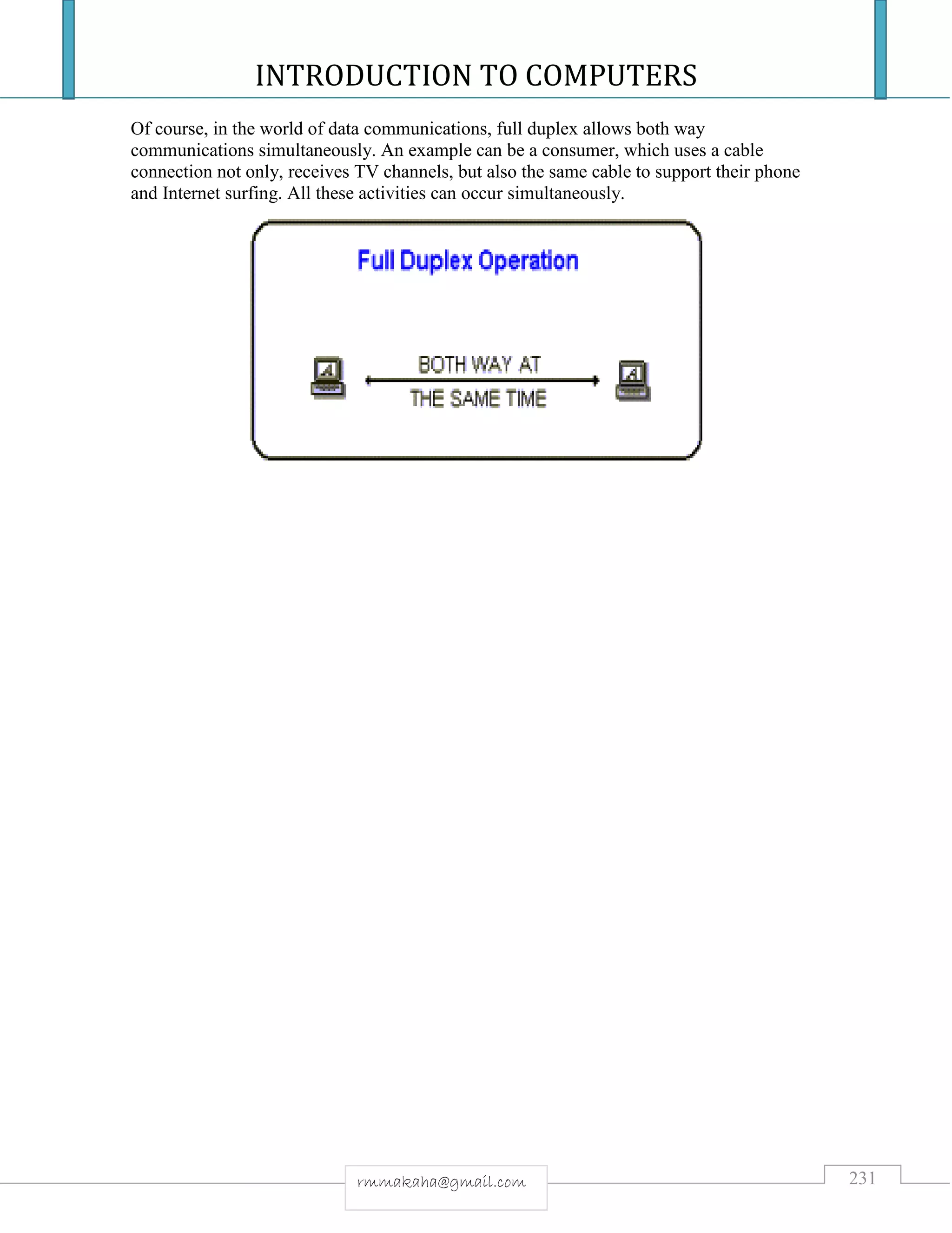 INTRODUCTION TO COMPUTERS
231rmmakaha@gmail.com
Of course, in the world of data communications, full duplex allows both way
communications simultaneously. An example can be a consumer, which uses a cable
connection not only, receives TV channels, but also the same cable to support their phone
and Internet surfing. All these activities can occur simultaneously.
 
