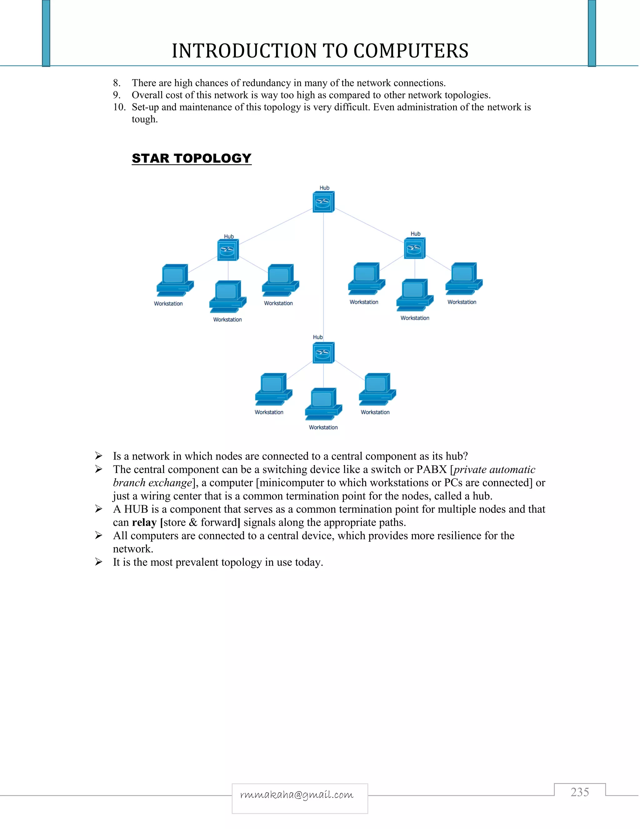 INTRODUCTION TO COMPUTERS
235rmmakaha@gmail.com
8. There are high chances of redundancy in many of the network connections.
9. Overall cost of this network is way too high as compared to other network topologies.
10. Set-up and maintenance of this topology is very difficult. Even administration of the network is
tough.
STAR TOPOLOGY
 Is a network in which nodes are connected to a central component as its hub?
 The central component can be a switching device like a switch or PABX [private automatic
branch exchange], a computer [minicomputer to which workstations or PCs are connected] or
just a wiring center that is a common termination point for the nodes, called a hub.
 A HUB is a component that serves as a common termination point for multiple nodes and that
can relay [store & forward] signals along the appropriate paths.
 All computers are connected to a central device, which provides more resilience for the
network.
 It is the most prevalent topology in use today.
 