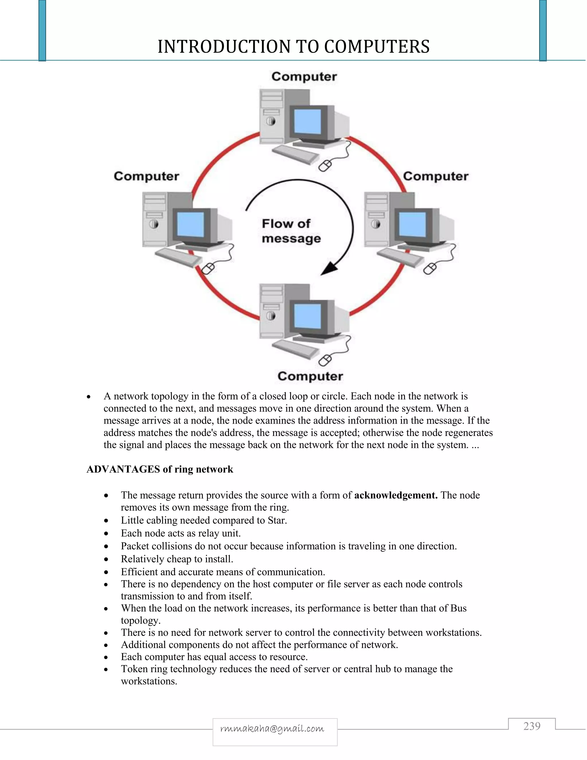 INTRODUCTION TO COMPUTERS
239rmmakaha@gmail.com
 A network topology in the form of a closed loop or circle. Each node in the network is
connected to the next, and messages move in one direction around the system. When a
message arrives at a node, the node examines the address information in the message. If the
address matches the node's address, the message is accepted; otherwise the node regenerates
the signal and places the message back on the network for the next node in the system. ...
ADVANTAGES of ring network
 The message return provides the source with a form of acknowledgement. The node
removes its own message from the ring.
 Little cabling needed compared to Star.
 Each node acts as relay unit.
 Packet collisions do not occur because information is traveling in one direction.
 Relatively cheap to install.
 Efficient and accurate means of communication.
 There is no dependency on the host computer or file server as each node controls
transmission to and from itself.
 When the load on the network increases, its performance is better than that of Bus
topology.
 There is no need for network server to control the connectivity between workstations.
 Additional components do not affect the performance of network.
 Each computer has equal access to resource.
 Token ring technology reduces the need of server or central hub to manage the
workstations.
 