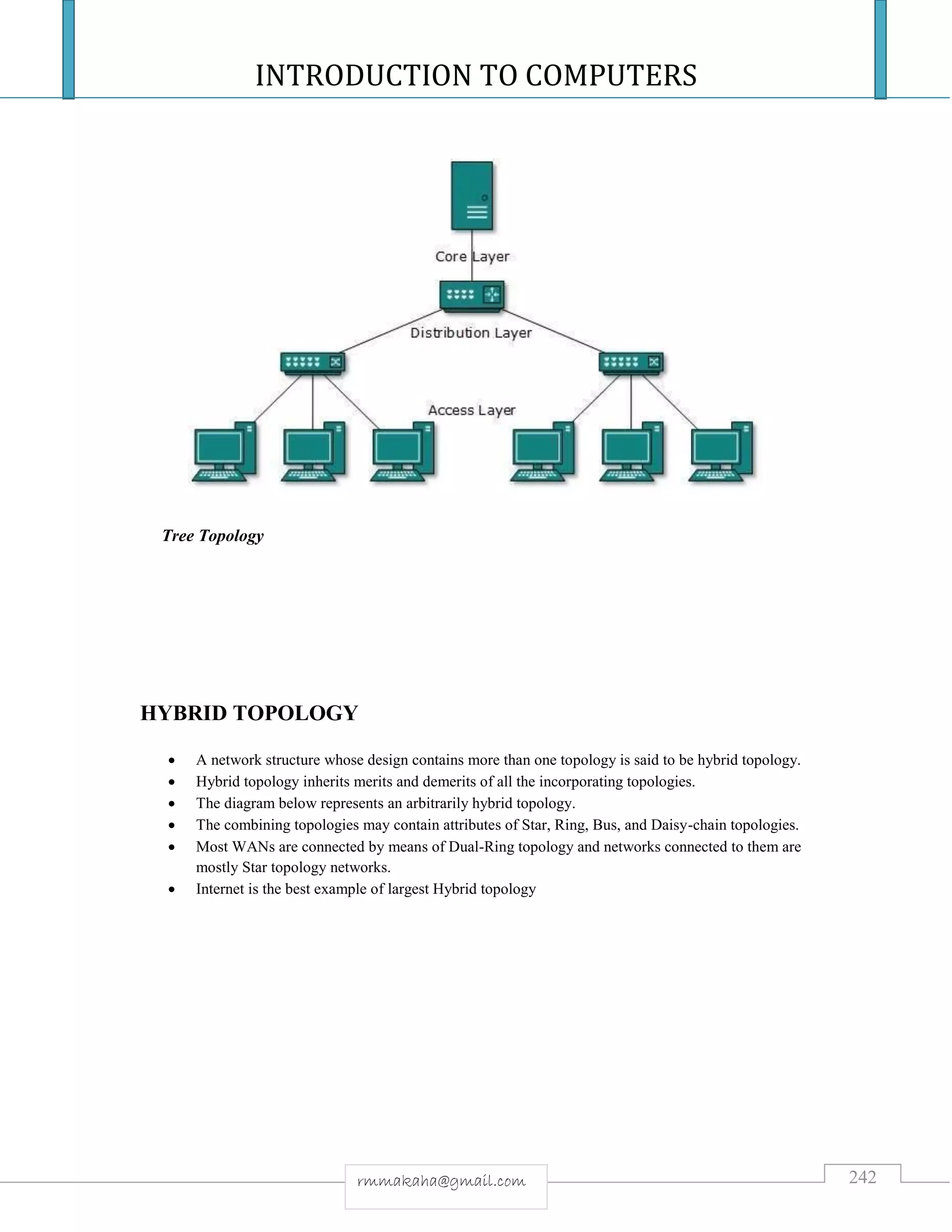 INTRODUCTION TO COMPUTERS
242rmmakaha@gmail.com
Tree Topology
HYBRID TOPOLOGY
 A network structure whose design contains more than one topology is said to be hybrid topology.
 Hybrid topology inherits merits and demerits of all the incorporating topologies.
 The diagram below represents an arbitrarily hybrid topology.
 The combining topologies may contain attributes of Star, Ring, Bus, and Daisy-chain topologies.
 Most WANs are connected by means of Dual-Ring topology and networks connected to them are
mostly Star topology networks.
 Internet is the best example of largest Hybrid topology
 