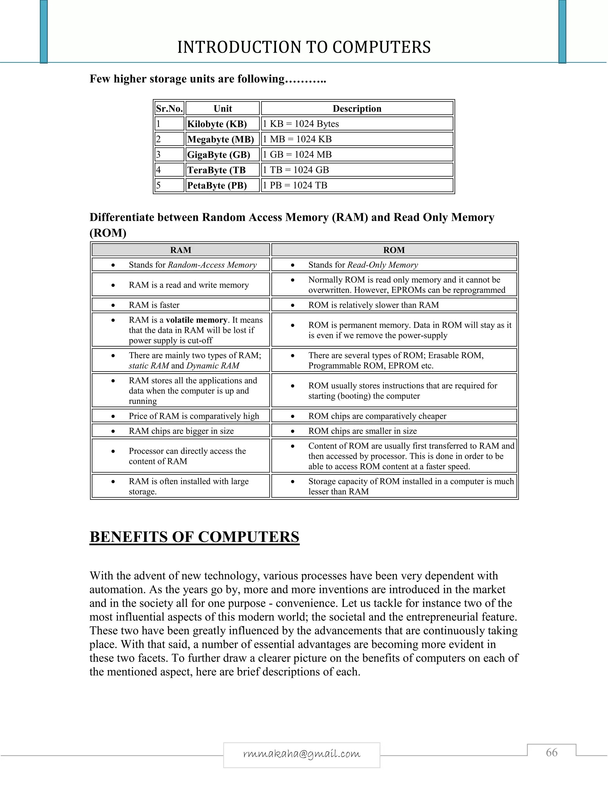 INTRODUCTION TO COMPUTERS
66rmmakaha@gmail.com
Few higher storage units are following………..
Sr.No. Unit Description
1 Kilobyte (KB) 1 KB = 1024 Bytes
2 Megabyte (MB) 1 MB = 1024 KB
3 GigaByte (GB) 1 GB = 1024 MB
4 TeraByte (TB 1 TB = 1024 GB
5 PetaByte (PB) 1 PB = 1024 TB
Differentiate between Random Access Memory (RAM) and Read Only Memory
(ROM)
RAM ROM
 Stands for Random-Access Memory  Stands for Read-Only Memory
 RAM is a read and write memory
 Normally ROM is read only memory and it cannot be
overwritten. However, EPROMs can be reprogrammed
 RAM is faster  ROM is relatively slower than RAM
 RAM is a volatile memory. It means
that the data in RAM will be lost if
power supply is cut-off
 ROM is permanent memory. Data in ROM will stay as it
is even if we remove the power-supply
 There are mainly two types of RAM;
static RAM and Dynamic RAM
 There are several types of ROM; Erasable ROM,
Programmable ROM, EPROM etc.
 RAM stores all the applications and
data when the computer is up and
running
 ROM usually stores instructions that are required for
starting (booting) the computer
 Price of RAM is comparatively high  ROM chips are comparatively cheaper
 RAM chips are bigger in size  ROM chips are smaller in size
 Processor can directly access the
content of RAM
 Content of ROM are usually first transferred to RAM and
then accessed by processor. This is done in order to be
able to access ROM content at a faster speed.
 RAM is often installed with large
storage.
 Storage capacity of ROM installed in a computer is much
lesser than RAM
BENEFITS OF COMPUTERS
With the advent of new technology, various processes have been very dependent with
automation. As the years go by, more and more inventions are introduced in the market
and in the society all for one purpose - convenience. Let us tackle for instance two of the
most influential aspects of this modern world; the societal and the entrepreneurial feature.
These two have been greatly influenced by the advancements that are continuously taking
place. With that said, a number of essential advantages are becoming more evident in
these two facets. To further draw a clearer picture on the benefits of computers on each of
the mentioned aspect, here are brief descriptions of each.
 