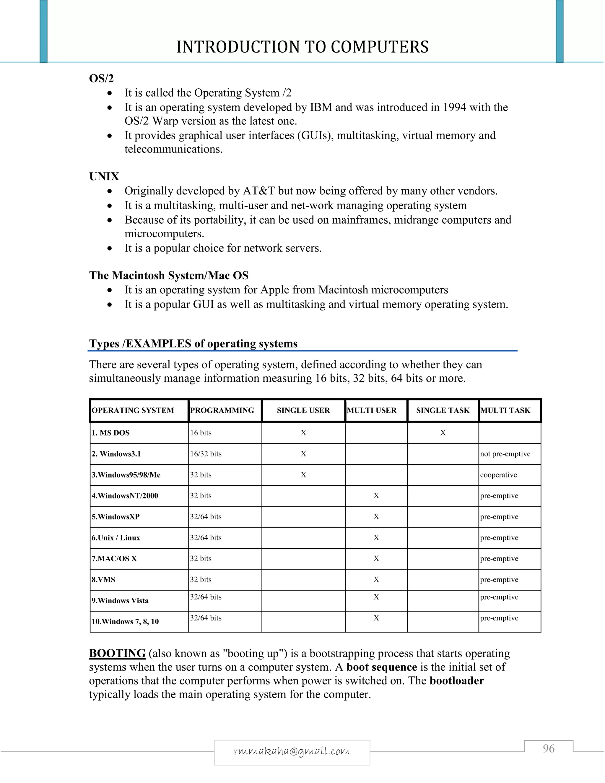 INTRODUCTION TO COMPUTERS
96rmmakaha@gmail.com
OS/2
 It is called the Operating System /2
 It is an operating system developed by IBM and was introduced in 1994 with the
OS/2 Warp version as the latest one.
 It provides graphical user interfaces (GUIs), multitasking, virtual memory and
telecommunications.
UNIX
 Originally developed by AT&T but now being offered by many other vendors.
 It is a multitasking, multi-user and net-work managing operating system
 Because of its portability, it can be used on mainframes, midrange computers and
microcomputers.
 It is a popular choice for network servers.
The Macintosh System/Mac OS
 It is an operating system for Apple from Macintosh microcomputers
 It is a popular GUI as well as multitasking and virtual memory operating system.
Types /EXAMPLES of operating systems
There are several types of operating system, defined according to whether they can
simultaneously manage information measuring 16 bits, 32 bits, 64 bits or more.
OPERATING SYSTEM PROGRAMMING SINGLE USER MULTI USER SINGLE TASK MULTI TASK
1. MS DOS 16 bits X X
2. Windows3.1 16/32 bits X not pre-emptive
3.Windows95/98/Me 32 bits X cooperative
4.WindowsNT/2000 32 bits X pre-emptive
5.WindowsXP 32/64 bits X pre-emptive
6.Unix / Linux 32/64 bits X pre-emptive
7.MAC/OS X 32 bits X pre-emptive
8.VMS 32 bits X pre-emptive
9.Windows Vista 32/64 bits X pre-emptive
10.Windows 7, 8, 10 32/64 bits X pre-emptive
BOOTING (also known as "booting up") is a bootstrapping process that starts operating
systems when the user turns on a computer system. A boot sequence is the initial set of
operations that the computer performs when power is switched on. The bootloader
typically loads the main operating system for the computer.
 