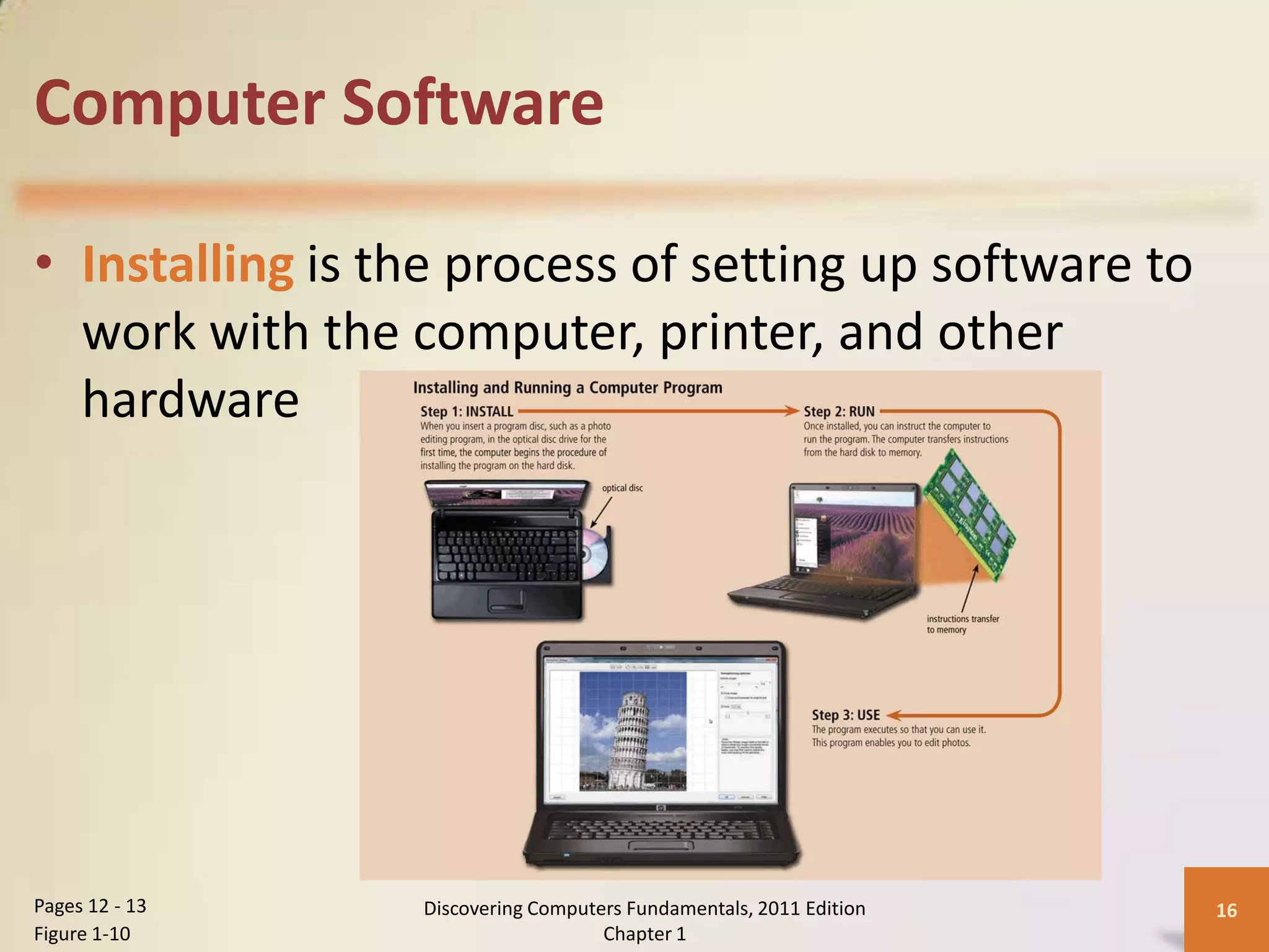 Computer Software

• Installing is the process of setting up software to
  work with the computer, printer, and other
  hardware




Pages 12 - 13    Discovering Computers Fundamentals, 2011 Edition   16
Figure 1-10                         Chapter 1
 