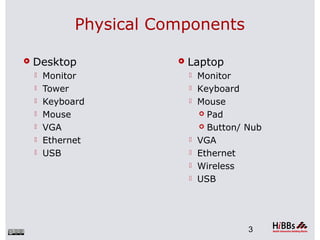 Physical Components
 Desktop
 Monitor
 Tower
 Keyboard
 Mouse
 VGA
 Ethernet
 USB
3
 Laptop
 Monitor
 Keyboard
 Mouse
 Pad
 Button/ Nub
 VGA
 Ethernet
 Wireless
 USB
 