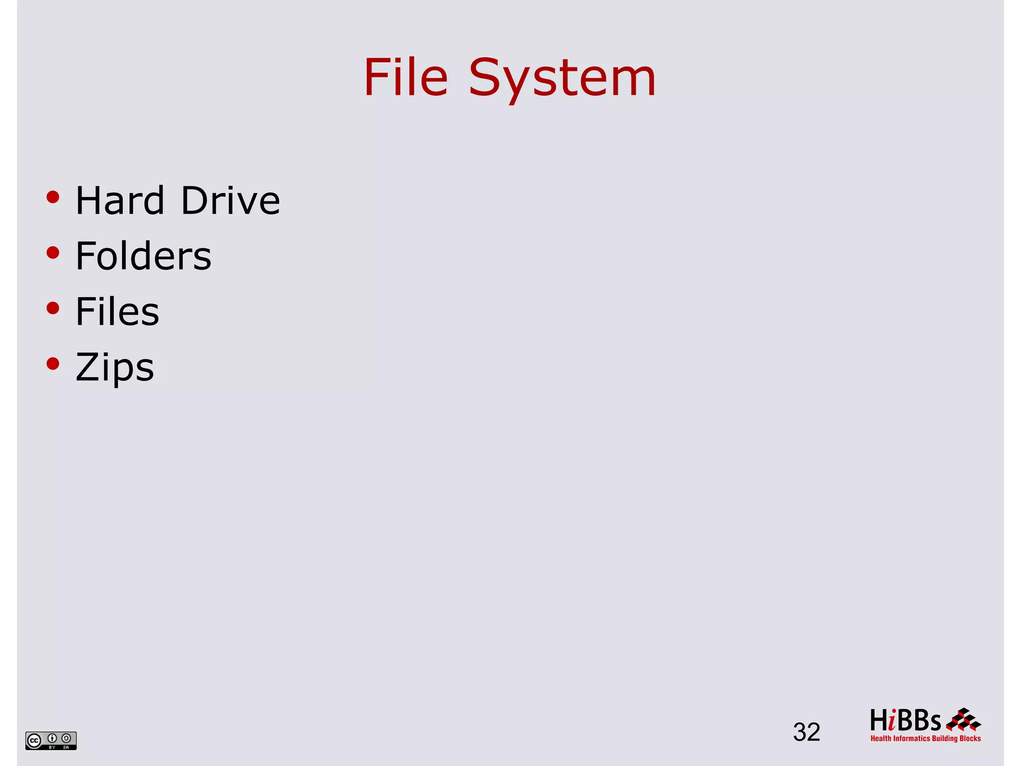 File System

 Hard Drive
 Folders
 Files
 Zips




                             32
 
