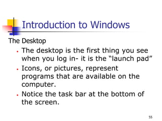 Introduction to Windows
The Desktop
• The desktop is the first thing you see
when you log in- it is the “launch pad”
• Icons, or pictures, represent
programs that are available on the
computer.
• Notice the task bar at the bottom of
the screen.
55
 