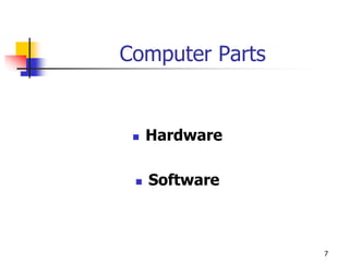 Computer Parts
 Hardware
 Software
7
 