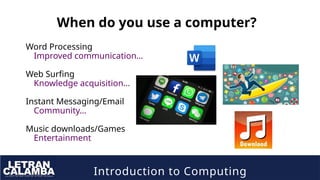 Introduction to Computing
When do you use a computer?
Word Processing
Improved communication…
Web Surfing
Knowledge acquisition…
Instant Messaging/Email
Community…
Music downloads/Games
Entertainment
 