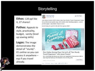 Storytelling
Ethos: 120 ppl like
it, 27 shares!
Pathos: Appeals to
style, practicality,
budget, vanity (level
up sewing skills)
Logos: The image
demonstrates the
detail of “sturdy”.
It's online so you can
access it anywhere –
esp if you travel
already.
 