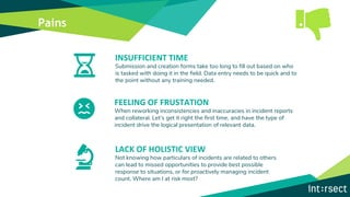 Pains
LACK OF HOLISTIC VIEW
Not knowing how particulars of incidents are related to others
can lead to missed opportunities to provide best possible
response to situations, or for proactively managing incident
count. Where am I at risk most?
FEELING OF FRUSTATION
When reworking inconsistencies and inaccuracies in incident reports
and collateral. Let’s get it right the first time, and have the type of
incident drive the logical presentation of relevant data.
INSUFFICIENT TIME
Submission and creation forms take too long to fill out based on who
is tasked with doing it in the field. Data entry needs to be quick and to
the point without any training needed.
 