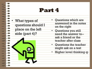 Part 4  What types of questions should I place on the left side (part 4)? Questions which are answered in the notes on the right Questions you still need the answer to--ask a friend or the teacher after class Questions the teacher might ask on a test Higher level thinking questions 
