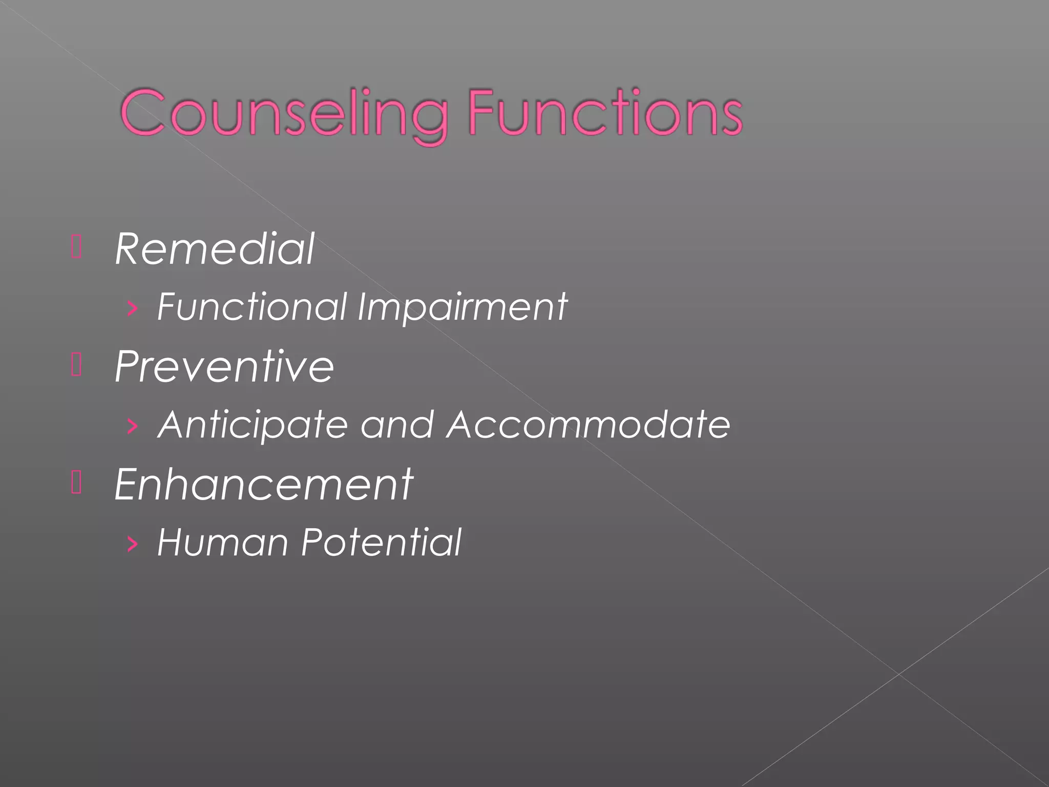    Remedial
    › Functional Impairment
   Preventive
    › Anticipate and Accommodate
   Enhancement
    › Human Potential
 