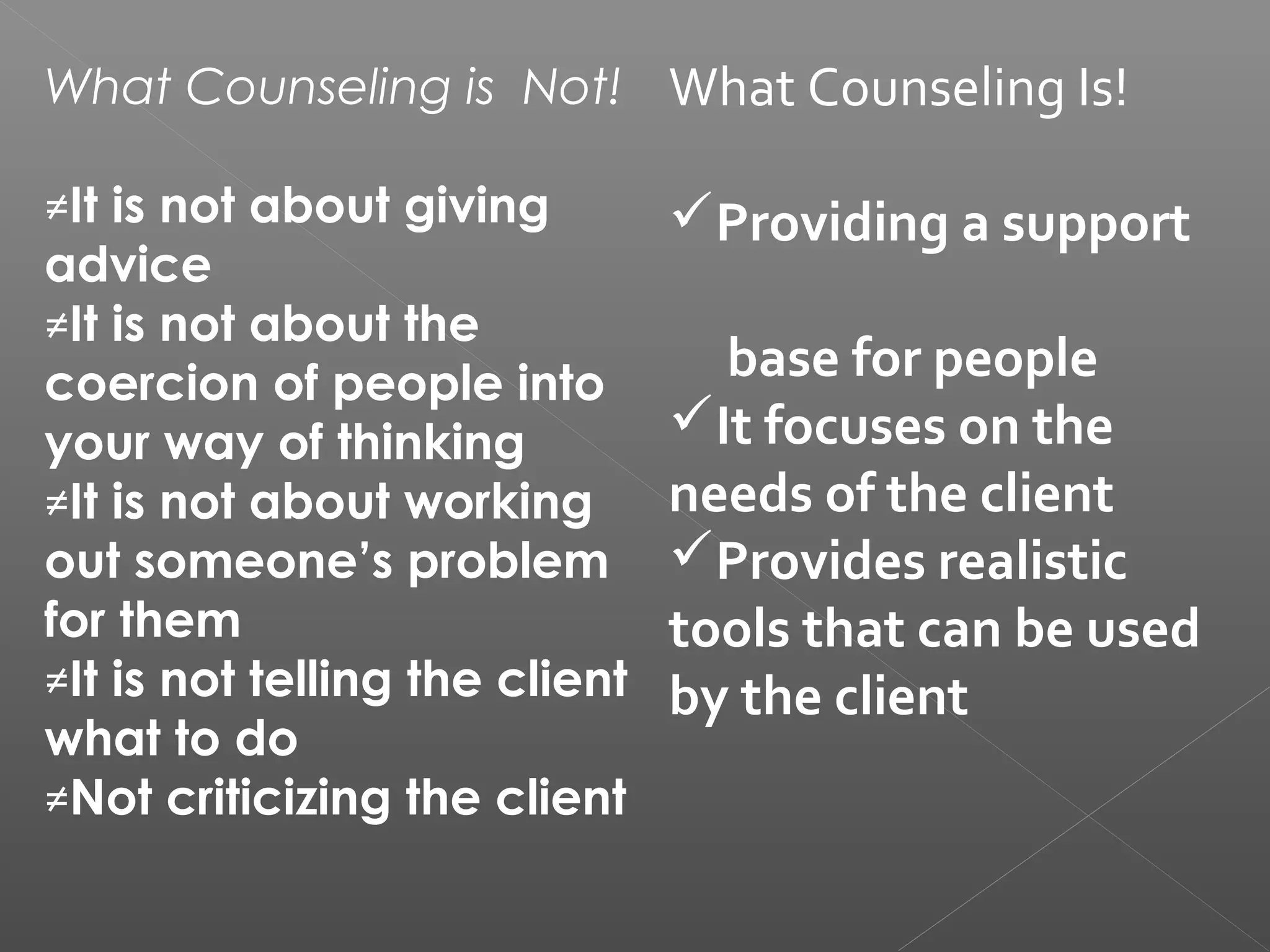 What Counseling is Not! What Counseling Is!

≠It is not about giving         Providing a support
advice
≠It is not about the
coercion of people into           base for people
your way of thinking            It focuses on the
≠It is not about working        needs of the client
out someone’s problem           Provides realistic
for them                        tools that can be used
≠It is not telling the client   by the client
what to do
≠Not criticizing the client
 