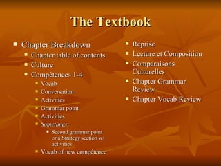 The Textbook Chapter Breakdown Chapter table of contents Culture Compétences 1-4 Vocab Conversation Activities Grammar point Activities Sometimes : Second grammar point or a Strategy section w/ activities Vocab of new compétence Reprise Lecture et Composition Comparaisons Culturelles Chapter Grammar Review Chapter Vocab Review 