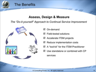 The Benefits On-demand Field-tested solutions Accelerate ITSM projects Reduce implementation costs A “tool-kit” for the ITSM Practitioner Use standalone or combined with CP services Assess, Design & Measure The “Do-it-yourself” Approach to Continual Service Improvement   
