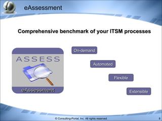 eAssessment Automated On-demand Flexible Extensible Comprehensive benchmark of your ITSM processes 