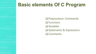 Basic elements Of C Program
 Preprocessor Commands
 Functions
 Variables
 Statements & Expressions
 Comments
 