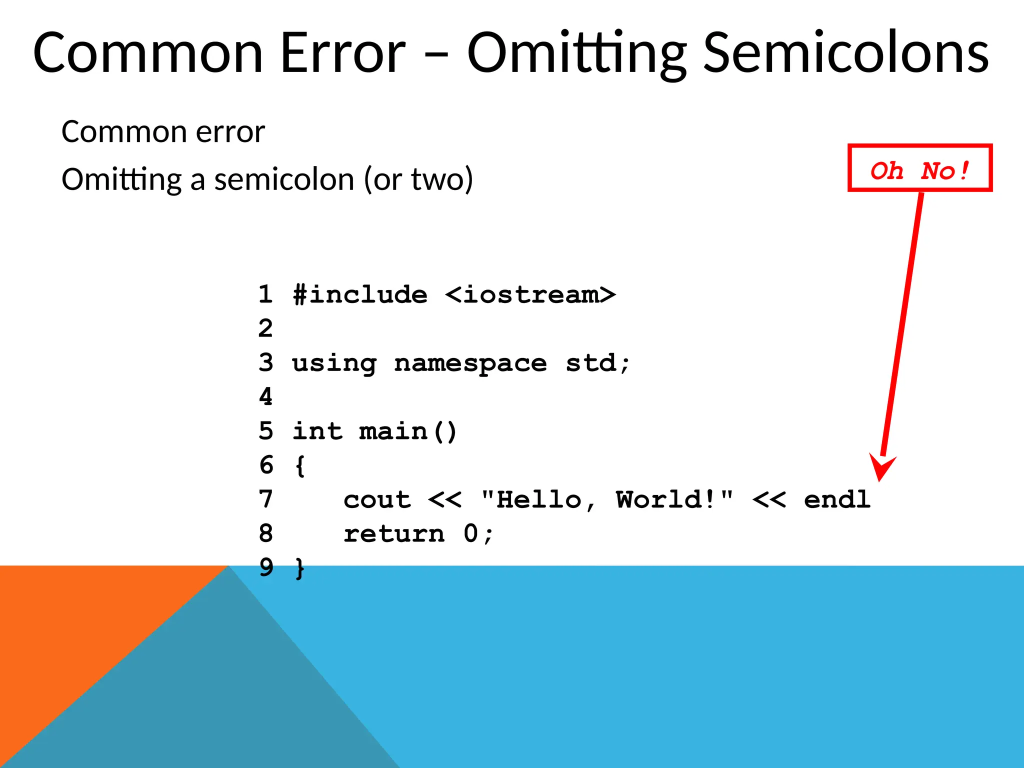 Common error
Omitting a semicolon (or two)
Common Error – Omitting Semicolons
1 #include <iostream>
2
3 using namespace std;
4
5 int main()
6 {
7 cout << "Hello, World!" << endl
8 return 0;
9 }
Oh No!
 