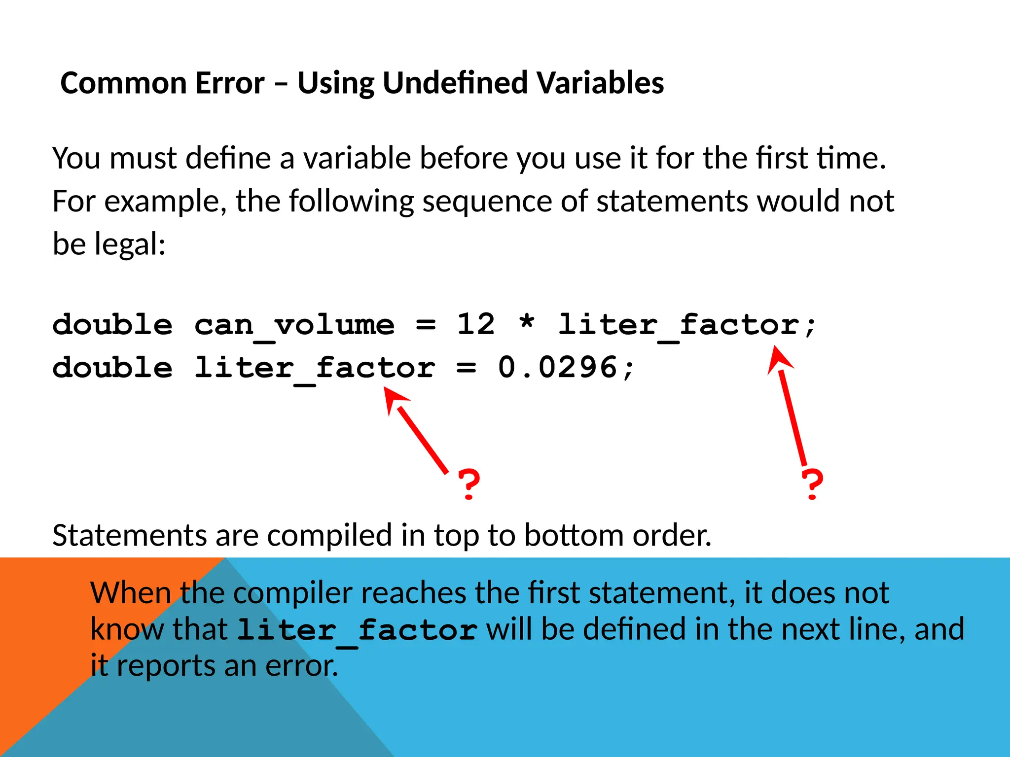 Common Error – Using Undefined Variables
You must define a variable before you use it for the first time.
For example, the following sequence of statements would not
be legal:
double can_volume = 12 * liter_factor;
double liter_factor = 0.0296;
? ?
Statements are compiled in top to bottom order.
When the compiler reaches the first statement, it does not
know that liter_factor will be defined in the next line, and
it reports an error.
 