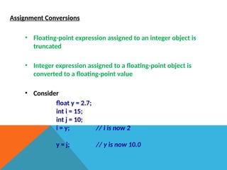 Assignment Conversions
• Floating-point expression assigned to an integer object is
truncated
• Integer expression assigned to a floating-point object is
converted to a floating-point value
• Consider
float y = 2.7;
int i = 15;
int j = 10;
i = y; // i is now 2
y = j; // y is now 10.0
 