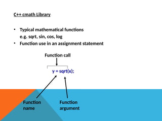 C++ cmath Library
• Typical mathematical functions
e.g. sqrt, sin, cos, log
• Function use in an assignment statement
y = sqrt(x);
Function
name
Function
argument
Function call
 