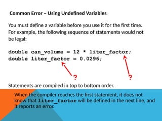 Common Error – Using Undefined Variables
You must define a variable before you use it for the first time.
For example, the following sequence of statements would not
be legal:
double can_volume = 12 * liter_factor;
double liter_factor = 0.0296;
? ?
Statements are compiled in top to bottom order.
When the compiler reaches the first statement, it does not
know that liter_factor will be defined in the next line, and
it reports an error.
 