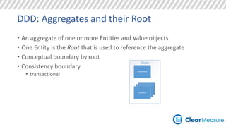 DDD: Aggregates and their Root 
• An aggregate of one or more Entities and Value objects 
• One Entity is the Root that is used to reference the aggregate 
• Conceptual boundary by root 
• Consistency boundary 
• transactional 
Order 
OrderHeader 
OrderItem 
 