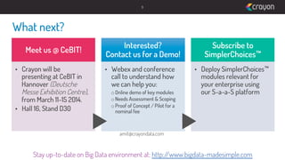 9

What next?
Meet us @ CeBIT!
•  Crayon will be
presenting at CeBIT in
Hannover (Deutsche
Messe Exhibition Centre),
from March 11-15 2014.
•  Hall 16, Stand D30

Interested?
Contact us for a Demo!
•  Webex and conference
call to understand how
we can help you:
o Online demo of key modules
o Needs Assessment & Scoping
o Proof of Concept / Pilot for a
nominal fee

Subscribe to
SimplerChoices™
•  Deploy SimplerChoices™
modules relevant for
your enterprise using
our S-a-a-S platform

amit@crayondata.com

Stay up-to-date on Big Data environment at: http:/
/www.bigdata-madesimple.com

 