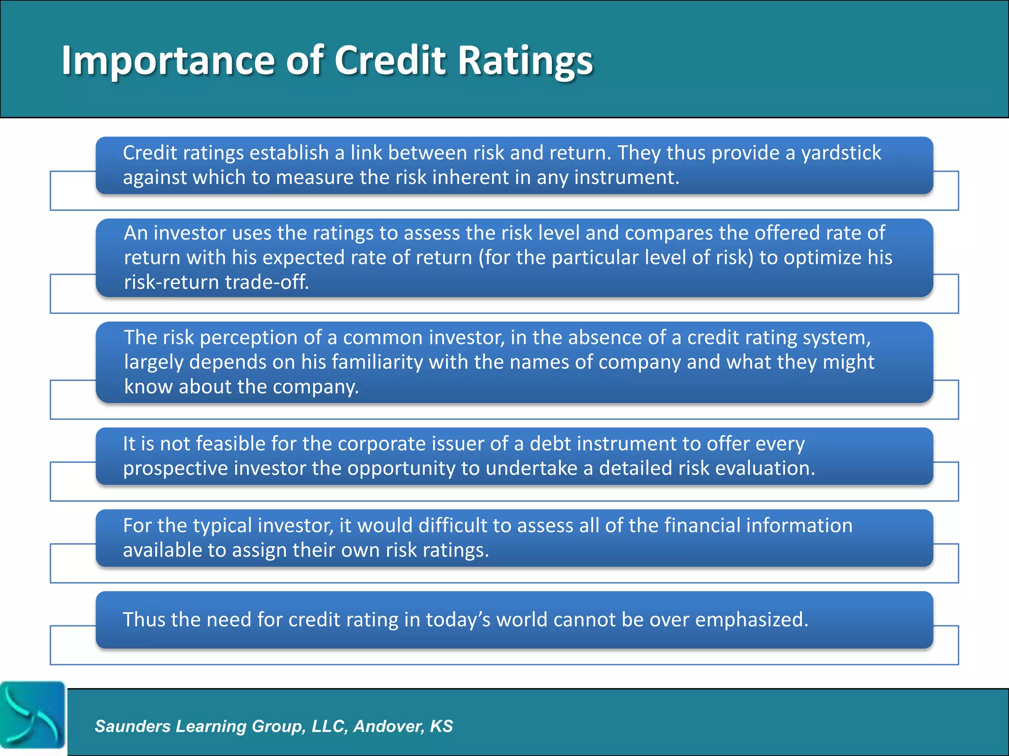 Importance of Credit Ratings
    Credit ratings establish a link between risk and return. They thus provide a yardstick
    against which to measure the risk inherent in any instrument.

    An investor uses the ratings to assess the risk level and compares the offered rate of
    return with his expected rate of return (for the particular level of risk) to optimize his
    risk-return trade-off.

    The risk perception of a common investor, in the absence of a credit rating system,
    largely depends on his familiarity with the names of company and what they might
    know about the company.

    It is not feasible for the corporate issuer of a debt instrument to offer every
    prospective investor the opportunity to undertake a detailed risk evaluation.

    For the typical investor, it would difficult to assess all of the financial information
    available to assign their own risk ratings.


    Thus the need for credit rating in today’s world cannot be over emphasized.



 Saunders Learning Group, LLC, Andover, KS
 