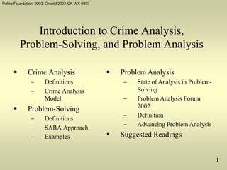 Police Foundation, 2003: Grant #2002-CK-WX-0303
1
Introduction to Crime Analysis,
Problem-Solving, and Problem Analysis
 Crime Analysis
 Definitions
 Crime Analysis
Model
 Problem-Solving
 Definitions
 SARA Approach
 Examples
 Problem Analysis
 State of Analysis in Problem-
Solving
 Problem Analysis Forum
2002
 Definition
 Advancing Problem Analysis
 Suggested Readings
 