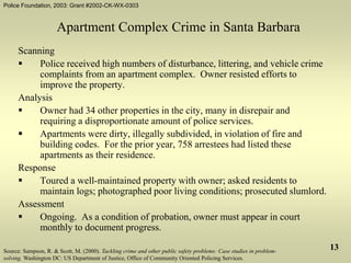 Police Foundation, 2003: Grant #2002-CK-WX-0303
13
Apartment Complex Crime in Santa Barbara
Scanning
 Police received high numbers of disturbance, littering, and vehicle crime
complaints from an apartment complex. Owner resisted efforts to
improve the property.
Analysis
 Owner had 34 other properties in the city, many in disrepair and
requiring a disproportionate amount of police services.
 Apartments were dirty, illegally subdivided, in violation of fire and
building codes. For the prior year, 758 arrestees had listed these
apartments as their residence.
Response
 Toured a well-maintained property with owner; asked residents to
maintain logs; photographed poor living conditions; prosecuted slumlord.
Assessment
 Ongoing. As a condition of probation, owner must appear in court
monthly to document progress.
Source: Sampson, R. & Scott, M. (2000). Tackling crime and other public safety problems: Case studies in problem-
solving. Washington DC: US Department of Justice, Office of Community Oriented Policing Services.
 